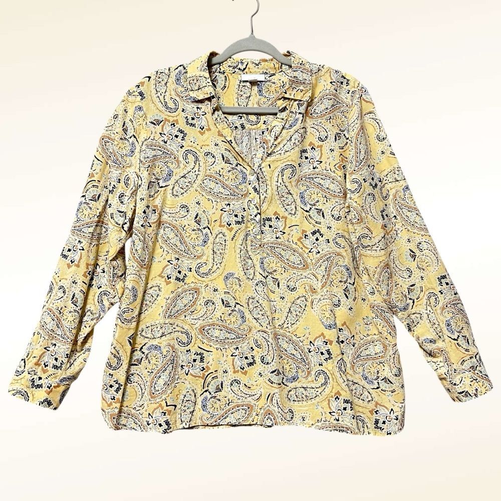 J. Jill Yellow Paisley Blouse Size Large Henley Long Sleeve Tunic Casual Boho